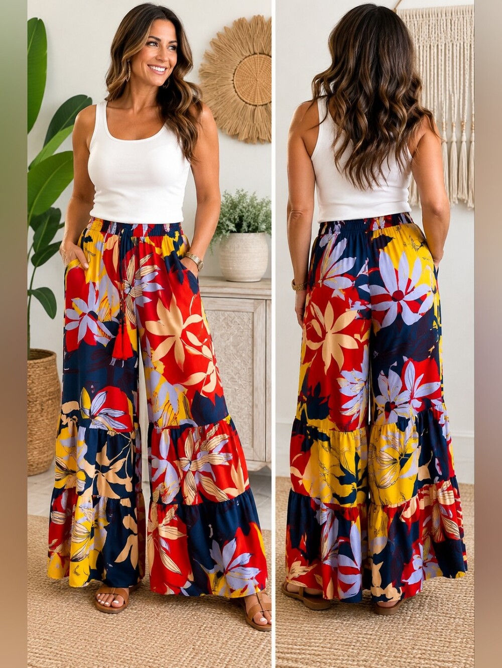 True Destinations Tropical Floral Wide Leg Ruffle Tier Pants Sz Lg (8-10) Festiv